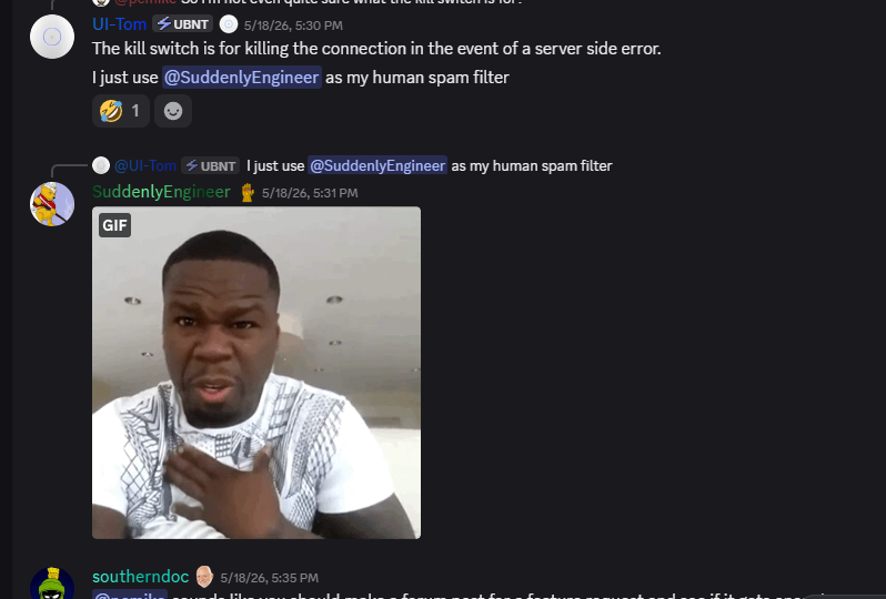 Discord capture of UI-Tom mentioning SuddenlyEngineer as a human spam filter