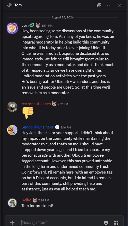 Discord announcement removing Tom as moderator and Tom's public acknowledgment