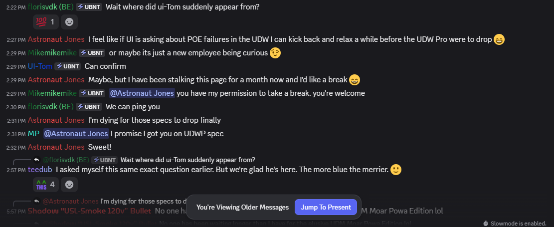 Discord capture in which UI-Tom responds Can confirm to a new-employee comment