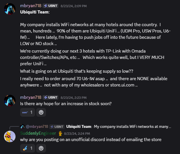 Discord capture showing a product-stock question and SuddenlyEngineer redirecting it from the unofficial Discord