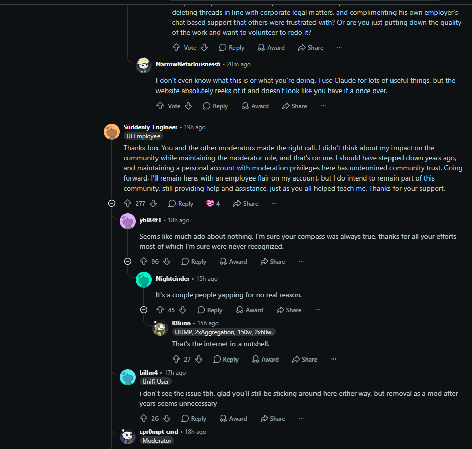 Reddit thread showing Tom's acknowledgment and replies supporting him