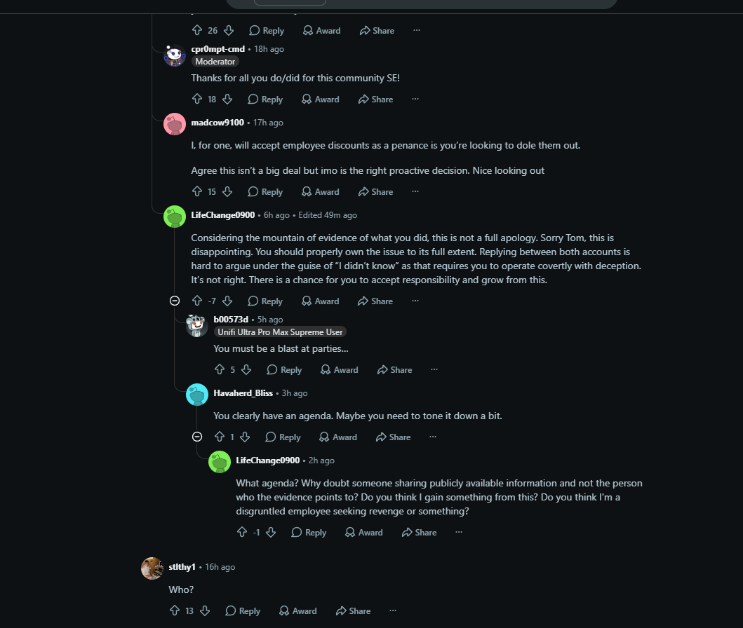 Reddit replies debating whether Tom's acknowledgment was sufficient