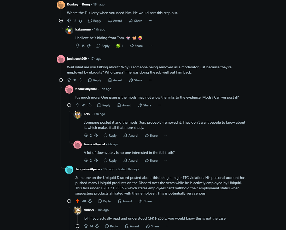 Reddit replies asking whether evidence links may be posted and raising 16 CFR 255.5