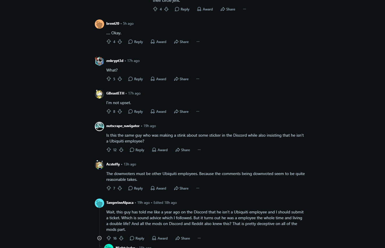 Reddit comments about alleged undisclosed employment and moderator knowledge