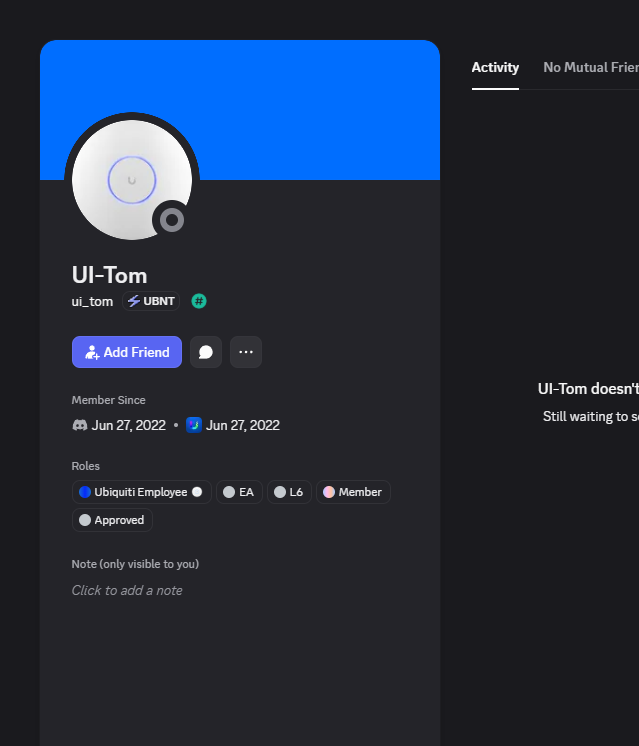 Discord profile capture for UI-Tom with a June 27, 2022 member-since date