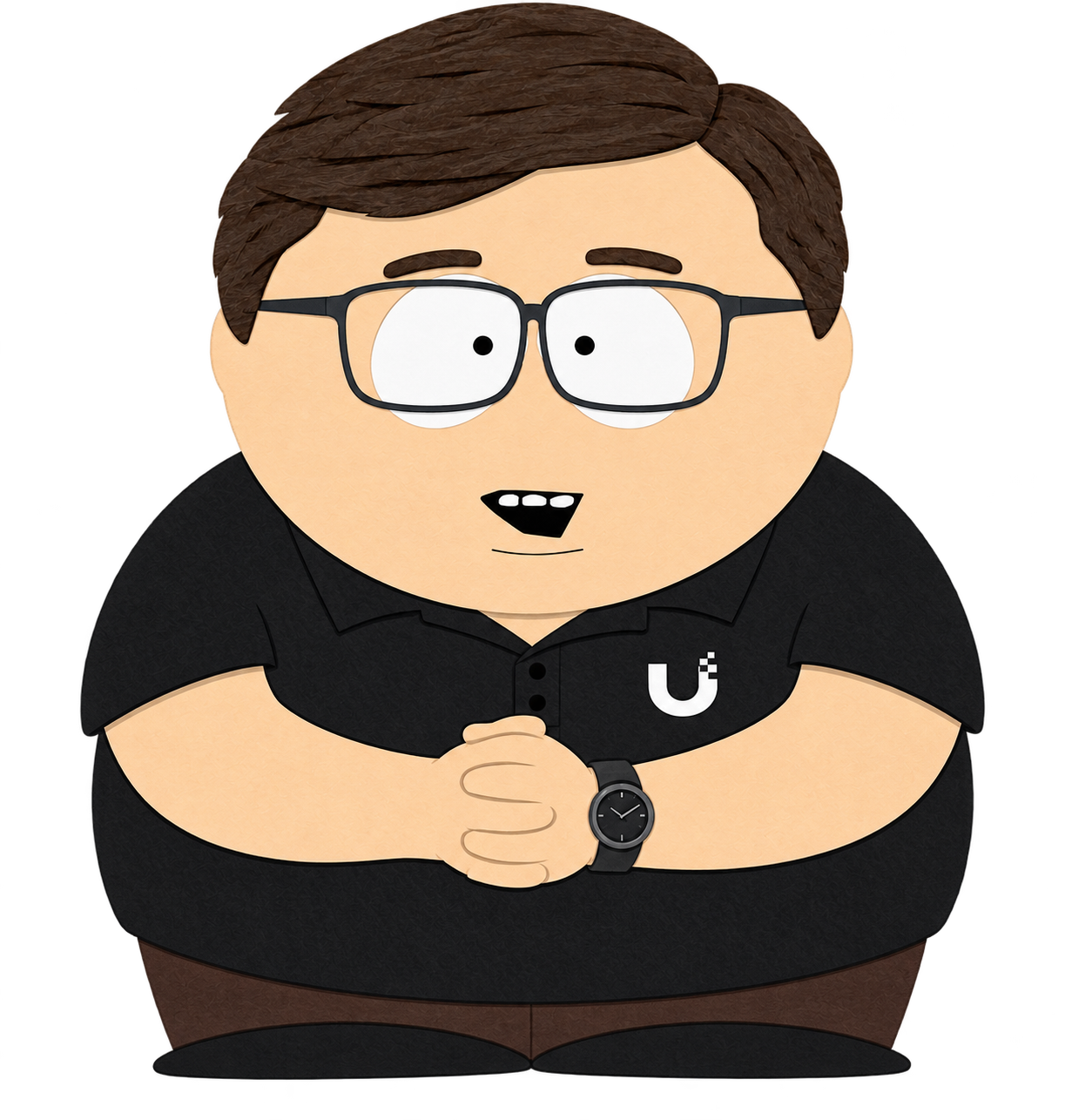 Cartoon sticker of UI-Tom wearing glasses and a black Ubiquiti shirt